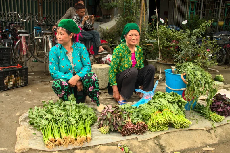 Two women in floral jackets and green headscarves sell fresh vegetables on the ground at Quyet Tien market in Ha Giang.