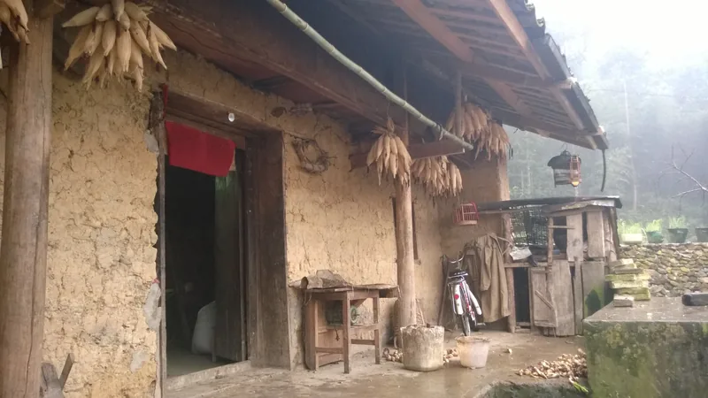 Traditional mud-walled house with dried corn hanging under the eaves in a Ha Giang village. Traditional mud-walled house with dried corn hanging under the eaves in a Ha Giang village.