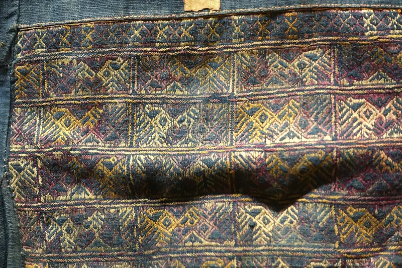 Close-up of intricate geometric embroidery on a traditional Lo Lo costume in Ha Giang province. Close-up of intricate geometric embroidery on a traditional Lo Lo costume in Ha Giang province.