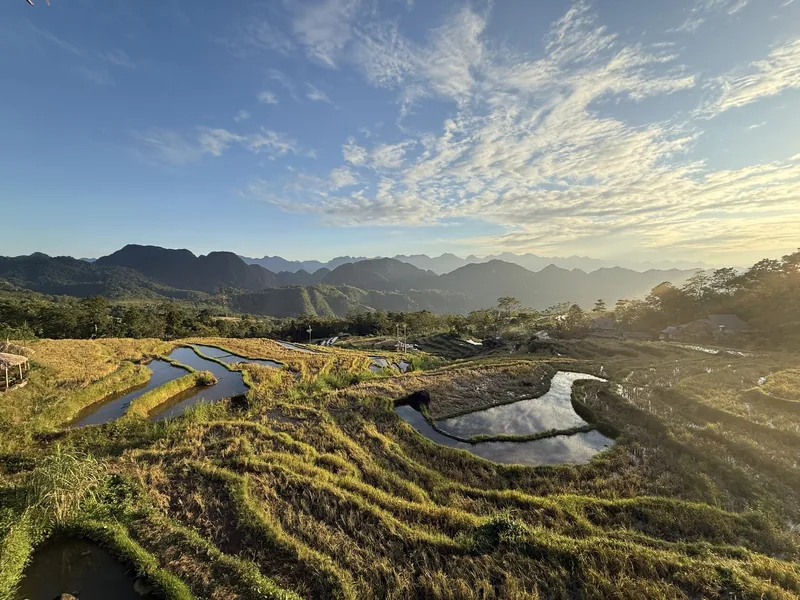 Water-filled rice terraces curve across the hills of Pu Luong at golden hour with distant mountains.
