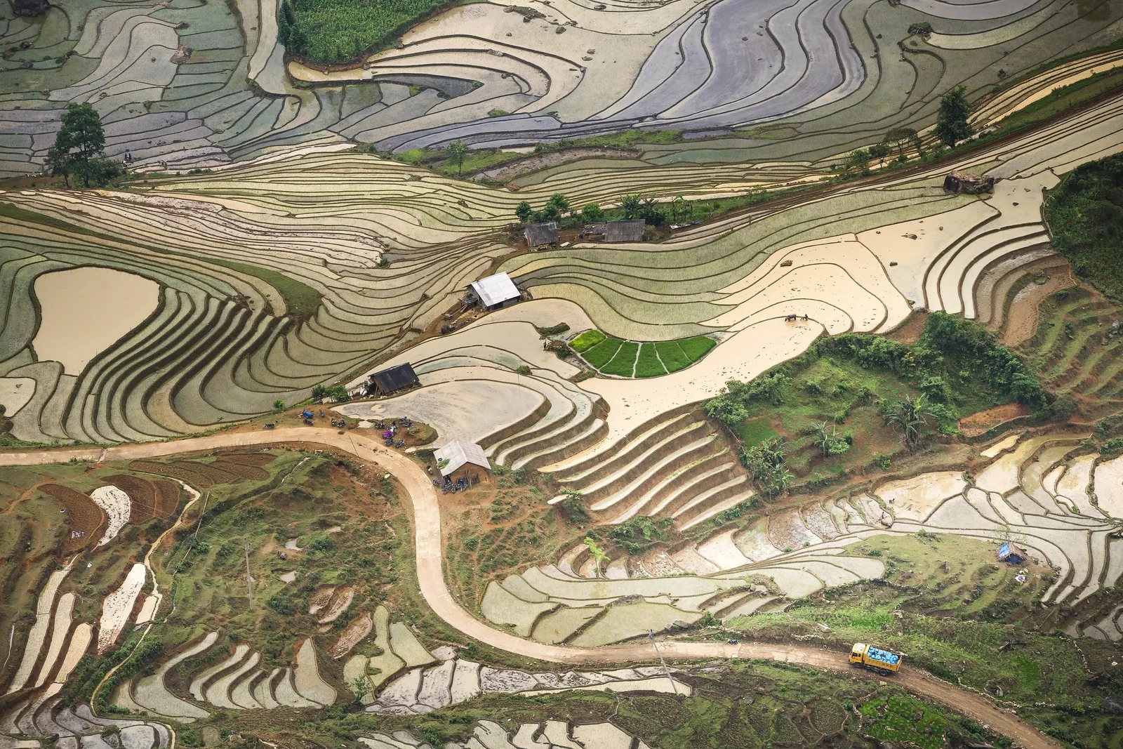 Aerial view of winding terraced rice paddies with scattered farmhouses and a dirt road near Sapa, Vietnam. Aerial view of winding terraced rice paddies with scattered farmhouses and a dirt road near Sapa, Vietnam.